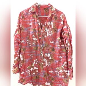 Fresh Produce Flamingo Print Cotton Blouse Large Lightweight Roll Tab Sleeve